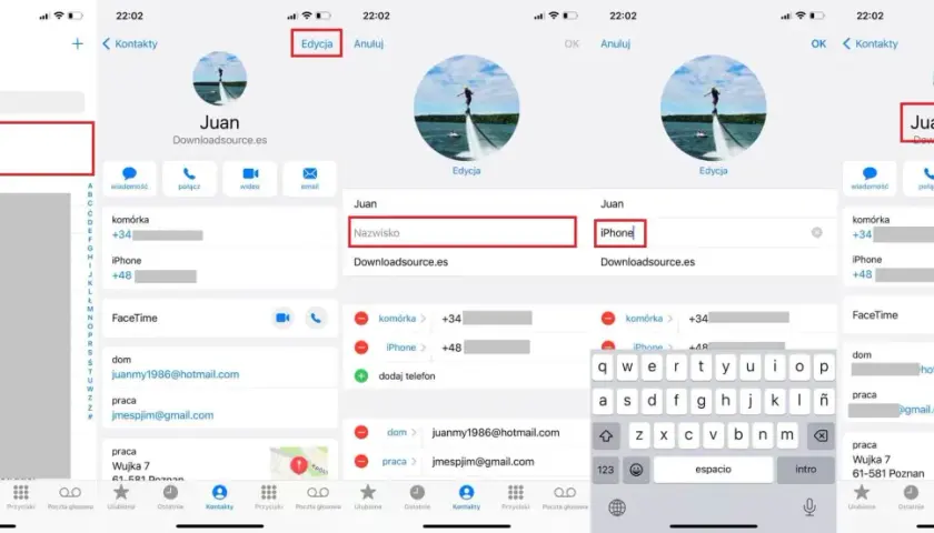 Zrzuty ekranu z iPhone'a pokazujące edycję nazwy kontaktu "Juan" na "Juan iPhone".