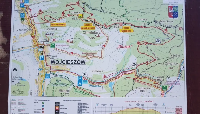 Mapa Kaczawskich Single Tracków z zaznaczonymi trasami rowerowymi, punktami widokowymi i atrakcjami.