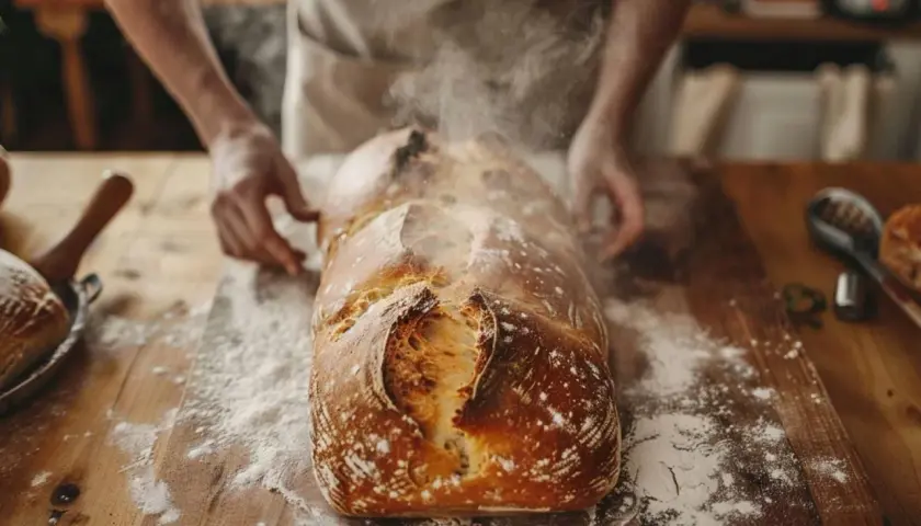 Un pain maison tout juste sorti du four, dégageant une vapeur invitante. La croûte dorée et craquelée promet une texture parfaite pour cette recette de pain maison.