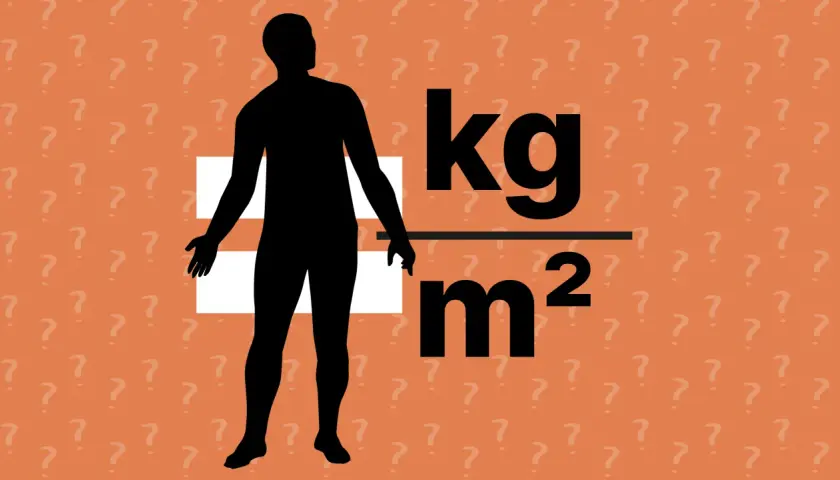Schwarze Silhouette eines Mannes neben der BMI-Formel (kg/m²). Viele Fragezeichen im Hintergrund deuten auf Kritik am BMI hin.