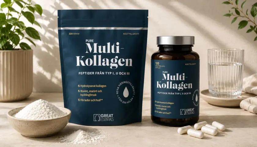 En påse och en burk med Multi-Kollagen, samt en skål med kollagenpulver. Perfekt kollagen mat för din hälsa.