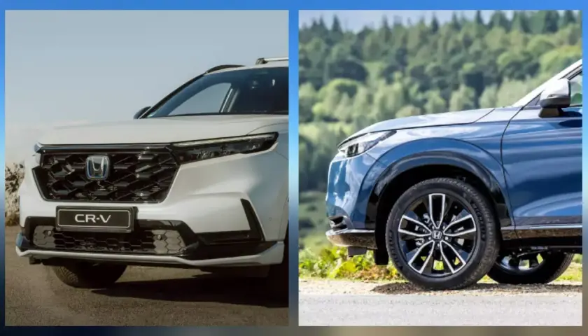 Dwa modele Honda SUV: biały CR-V i niebieski HR-V, prezentujące nowoczesny design.