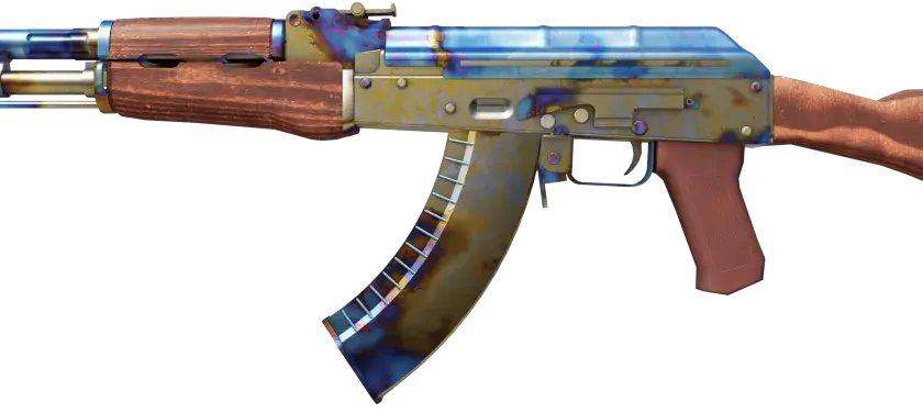 Karabin AK-47 z drewnianymi elementami i metalem o tęczowym, case hardened wykończeniu.
