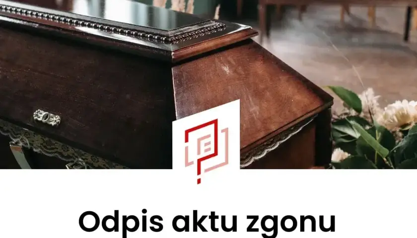 Drewniana trumna z kwiatami i logo.