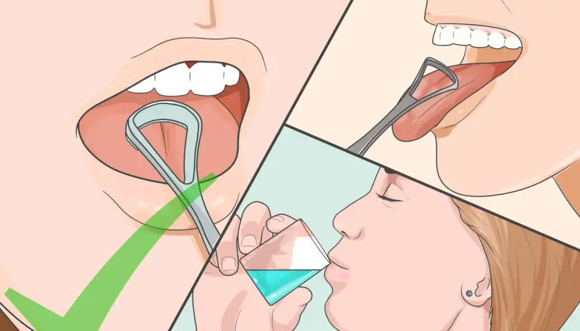 Immagine mostra come pulire la lingua con un puliscilingua e poi sciacquare la bocca.
