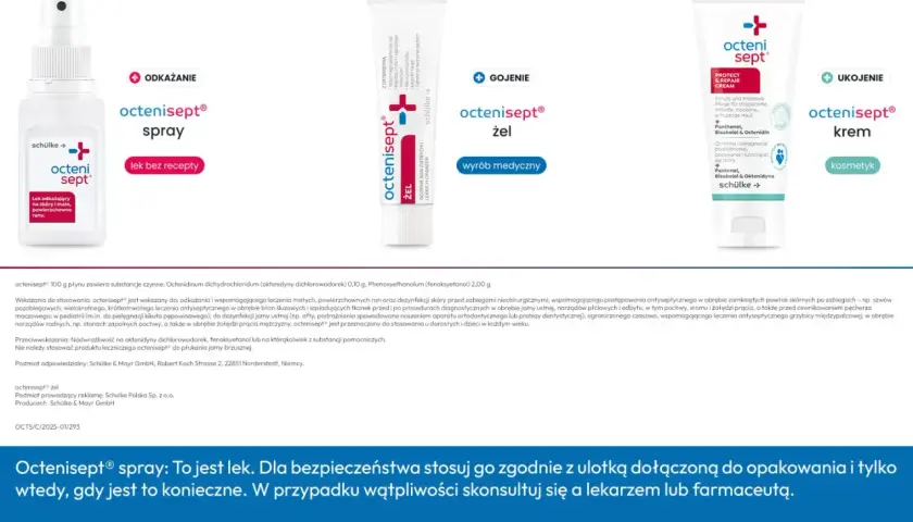 Octenisept spray i żel do dezynfekcji ran. Spray do odkażania skóry i małych ran, żel do gojenia.