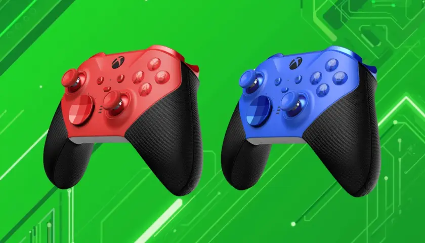 Dwa kontrolery Xbox Elite Series 3, czerwony i niebieski, na zielonym tle z elementami obwodów.