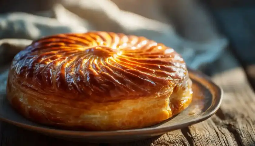 Un délicieux pithiviers gateau doré, aux feuilletages brillants, prêt à être dégusté sur une table en bois rustique.
