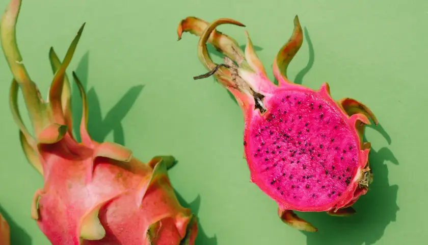 Zwei leuchtend pinke Drachenfrüchte, eine angeschnitten, zeigen ihr gesundes, kernreiches Inneres auf grünem Hintergrund.