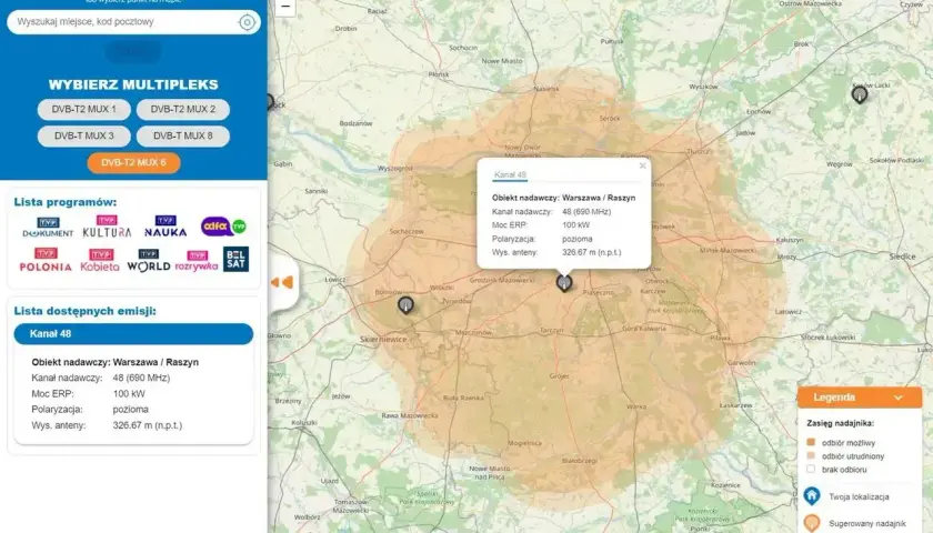 Jak odbierać telewizję naziemną? Mapa pokazuje zasięg nadajnika Warszawa/Raszyn, kanał 48 (690 MHz), moc 100 kW.