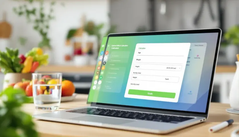 Laptop z kalkulatorem deficytu kalorycznego na ekranie, obok szklanka wody i warzywa. Jak obliczyć deficyt kaloryczny?