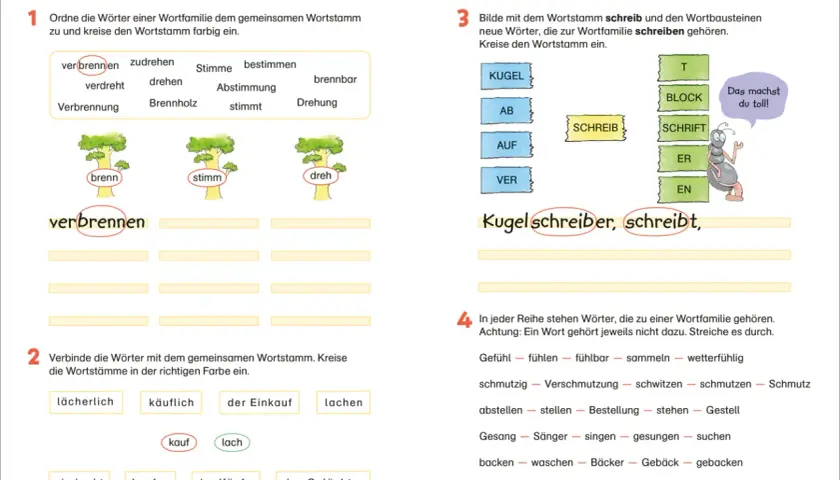 Bilder von Übungen zu Wortfamilien mit Bäumen, Wörtern und einer Ameise.