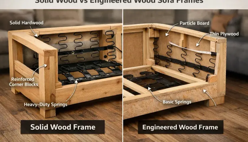 Comparing solid hardwood sofa frames with reinforced corners and heavy-duty springs to engineered wood frames made of particle board and thin plywood.