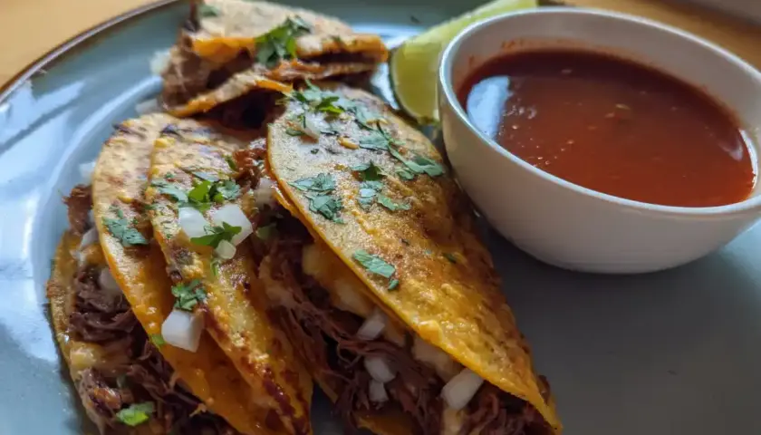 Tre saftiga birria tacos med lök och koriander, serverade med en skål consommé och en limeklyfta.