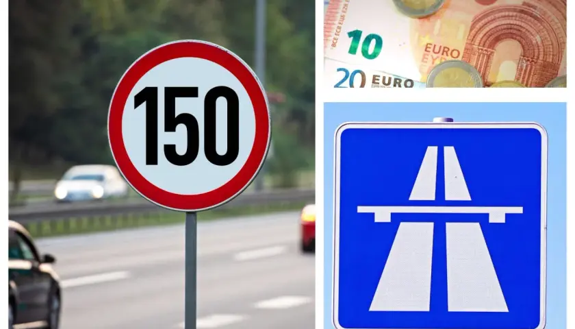 Znak ograniczenia prędkości 150 km/h na autostradzie w Czechach, obok symbol autostrady i banknoty euro.