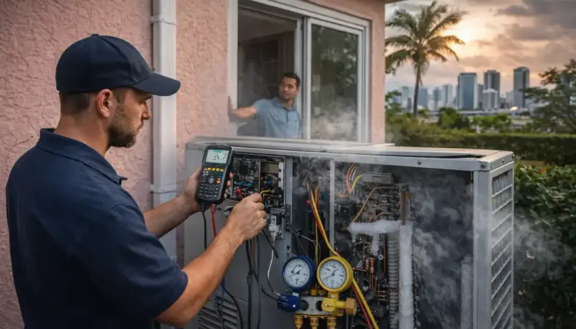 Técnico revisa unidad de aire acondicionado con humo y hielo, indicando sobrecalentamiento del compresor.