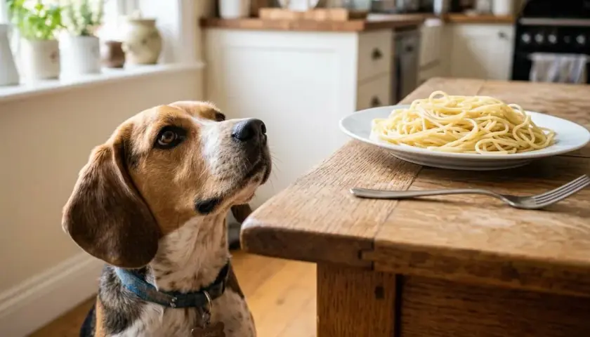 A beagle looks longingly at a plate of spaghetti, wondering if dogs can eat pasta.