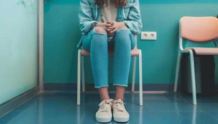 Dziewczyna w podartych dżinsach siedzi na krześle, czekając na wizytę. Jej dłonie splecione na kolanach mogą sugerować niepokój lub pochwicę.