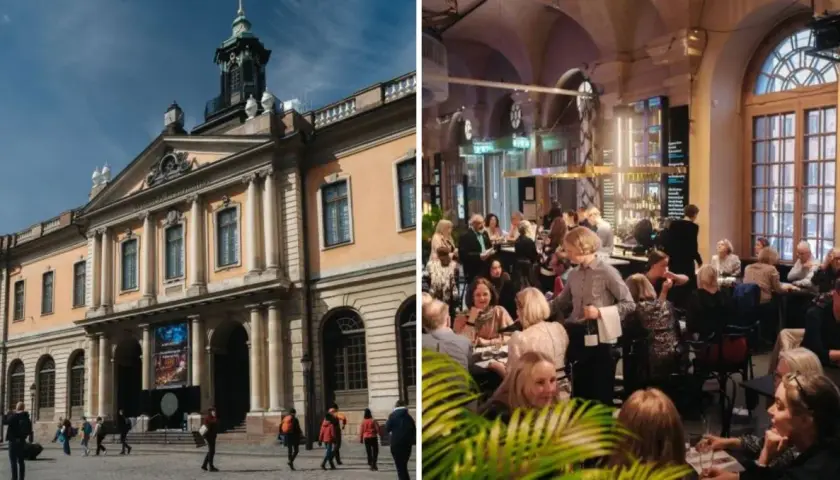 Nobelpriset museum i Stockholm med folk som minglar inomhus.