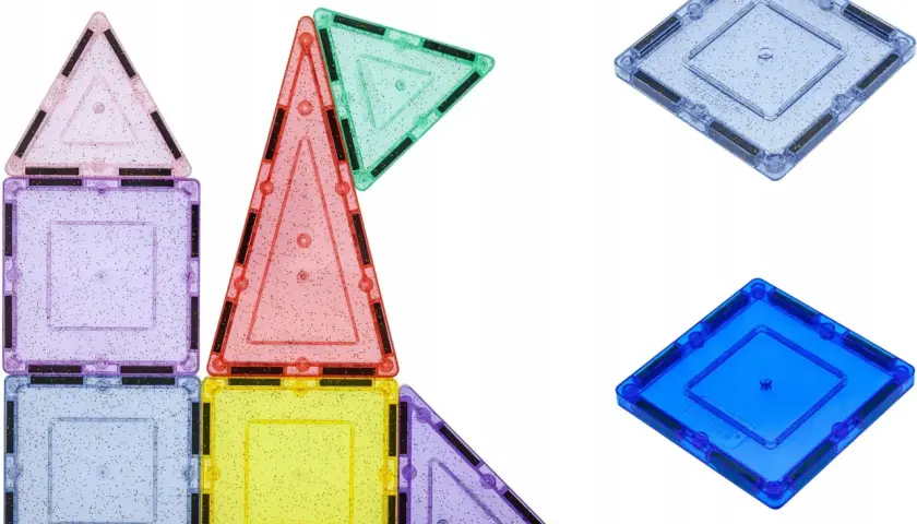 Kolorowe klocki magnetyczne Picasso tworzą wieżę i inne kształty.