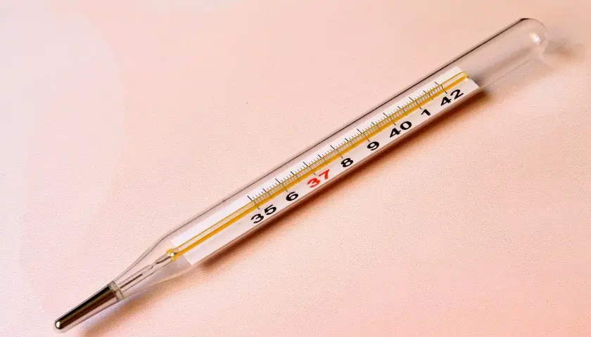 Szklany termometr lekarski z żółtym paskiem i podziałką od 35 do 42 stopni Celsjusza.