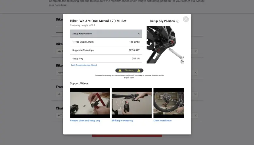 SRAM AXS setup guide for a mullet bike, showing chain length and setup cog details. Includes a warning and support videos.