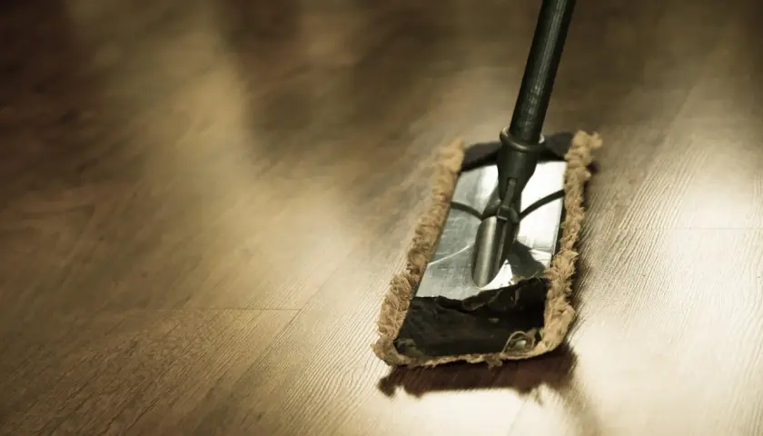 Un mocio su un pavimento in legno, pronto per iniziare a lavare il pavimento.