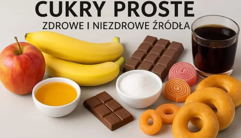 Jabłko, banany, miód, cukier, czekolada, słodycze i napój gazowany – przykłady węglowodanów prostych, zdrowych i niezdrowych.