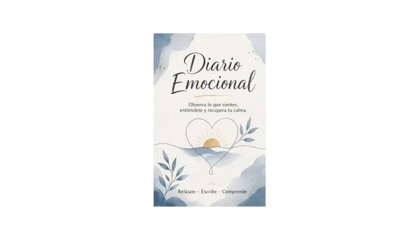 Portada de un "Diario Emocional" con un corazón, sol naciente y ramas. Invita a observar, entender y recuperar la calma.