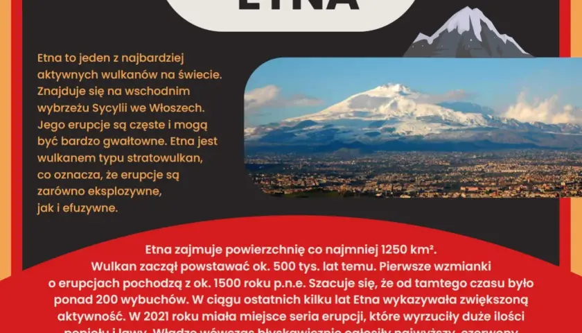 Etna, jeden z najaktywniejszych wulkanów na świecie, na tle miasta na Sycylii. Wulkany na świecie potrafią być groźne.