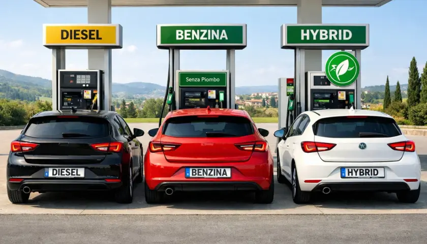Tre auto (nera, rossa, bianca) a una stazione di servizio. La rossa ha la scritta "BENZINA" sul retro.