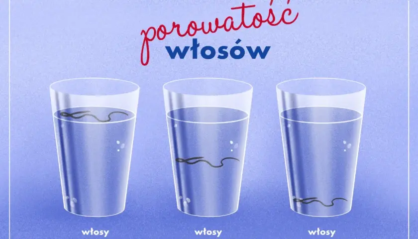 Test na porowatość włosów: włosy niskoporowate toną powoli, średnioporowate opadają, a wysokoporowate szybko opadają na dno.