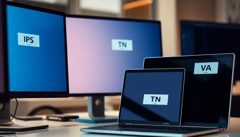 Na biurku stoją monitory i laptop. Na ekranach widnieją napisy: IPS, TN, VA. Matryca w laptopie ma oznaczenie TN.