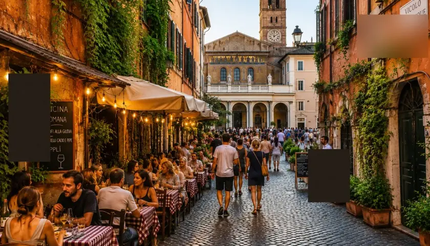Wieczorny spacer po urokliwym **Trastevere**. Ludzie siedzą przy stolikach restauracji, delektując się kolacją. W tle widać zabytkową bazylikę.