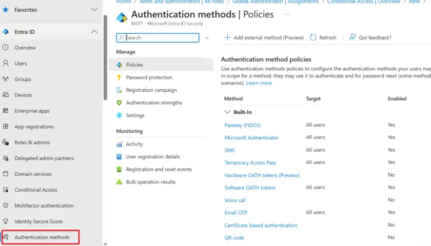 Interface Microsoft Entra ID pour configurer les méthodes d'authentification, y compris le MFA.