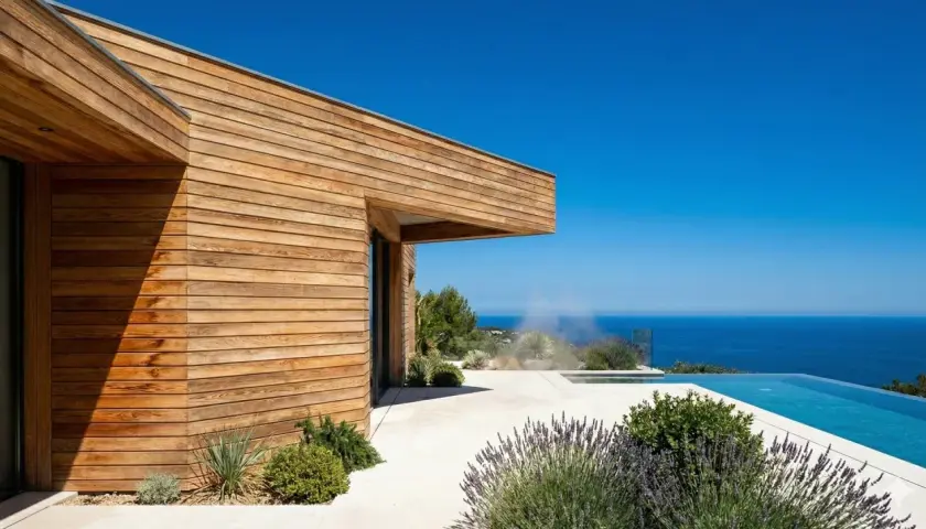 Maison moderne avec bardage bois, piscine à débordement et vue mer. Le choix du bois pour ossature bois est crucial pour ce style.
