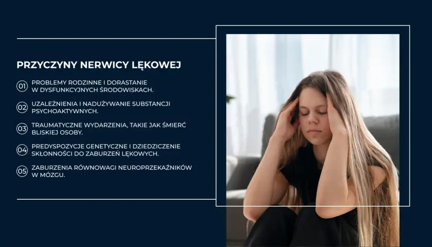 Młoda kobieta z zamkniętymi oczami trzymająca się za skronie, symbolizująca niepokój.