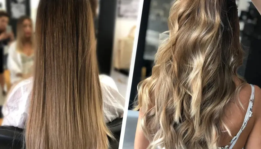 Cabello castaño liso transformado con mechas babylight rubias y ondas playeras, un cambio radiante.