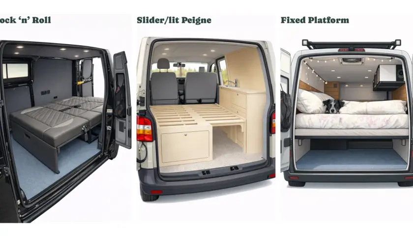 Trois aménagements de fourgons : lit escamotable, lit sur plateforme fixe avec chien, et lit modulable. Des marques de fourgon aménagé pour tous les styles de voyage.