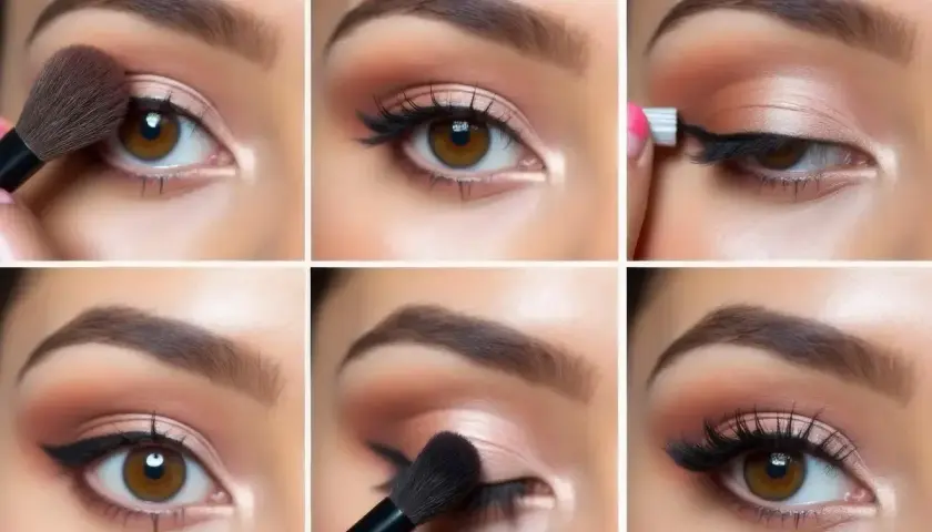 Étapes pour un maquillage des cils parfait : ombre à paupières, eye-liner, et application de faux cils pour un regard intense.