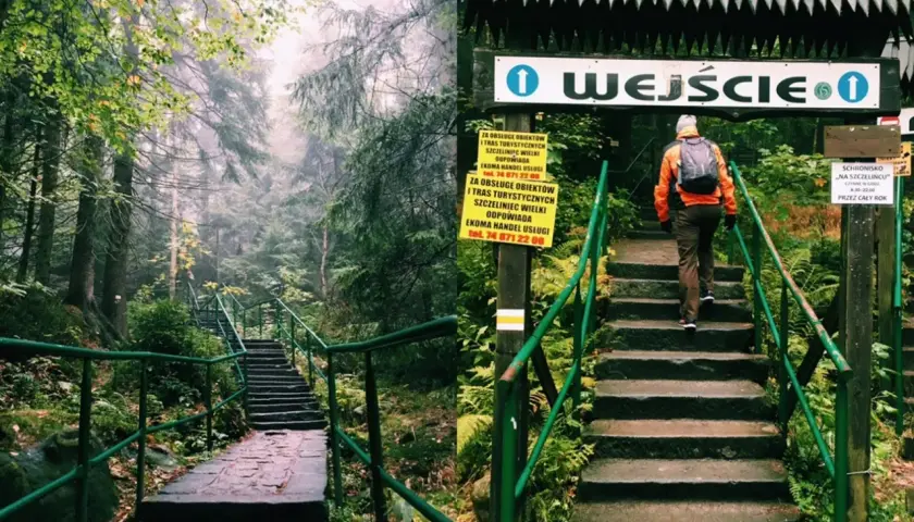 Kamienne schody wiodące do wejścia na szlak. Mglisty las i zielone poręcze tworzą magiczną atmosferę. To jedne z wielu atrakcji w okolicy.