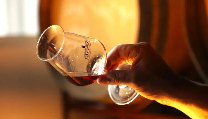 Dégustation d'un whisky ambré dans un verre tulipe, en arrière-plan des fûts de vieillissement. Un moment de plaisir qui pourrait bien lui valoir des **world whisky awards**.