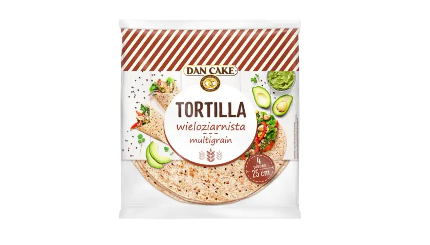 Opakowanie tortilli wieloziarnistej Dan Cake. Czy tortilla wieloziarnista jest zdrowa? Tak, to świetna baza do zdrowych wrapów z awokado i warzywami.