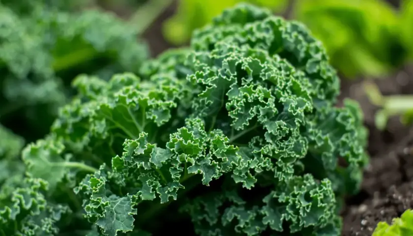 Zielony, pofałdowany jarmuż w gruncie. Jego liczne, zdrowe jarmuż właściwości czynią go superfood.