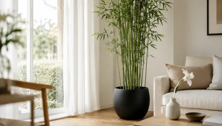 Dracaena sanderiana, znana jako "bambus szczęścia", rośnie w czarnej donicy obok okna z białymi zasłonami.
