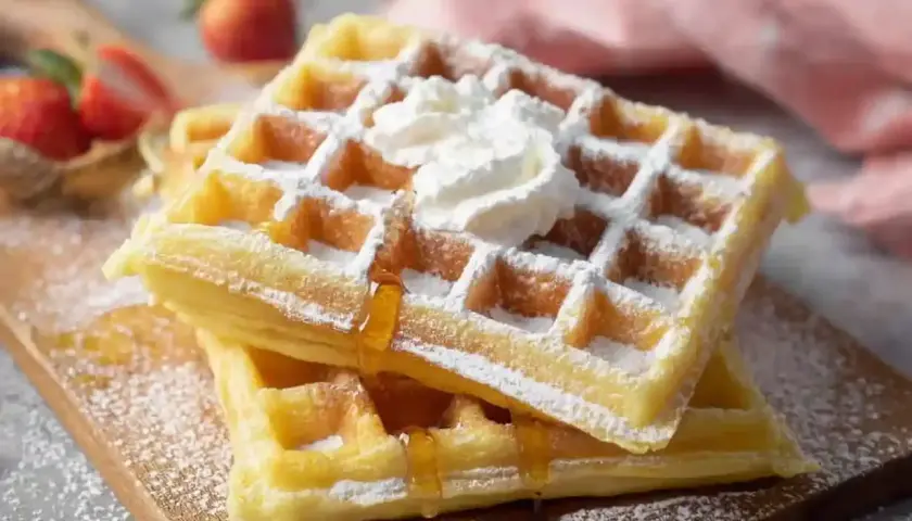 Zwei goldbraune belgische Waffeln, bestäubt mit Puderzucker und garniert mit Schlagsahne und Sirup. Daneben frische Erdbeeren.