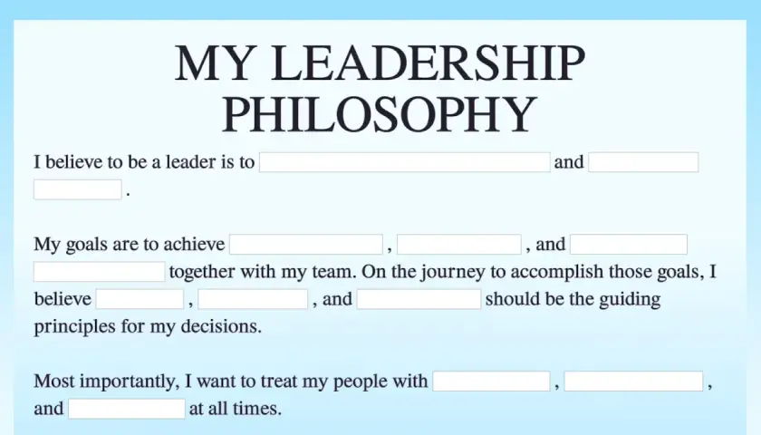 Worksheet titled "My Leadership Philosophy" with fill-in-the-blanks for defining leadership beliefs, goals, and principles.