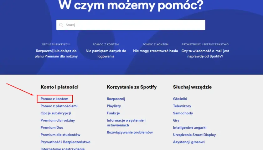 Szukasz informacji, jak usunąć konto na Spotify? Kliknij "Pomoc z kontem", aby znaleźć odpowiedzi.