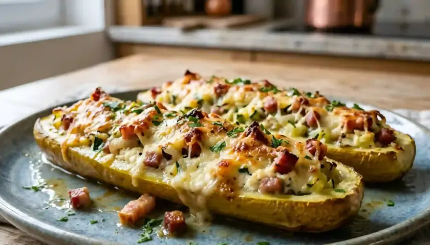 Courgettes farcies au fromage et lardons, une recette avec ricotta courgette qui fond en bouche.