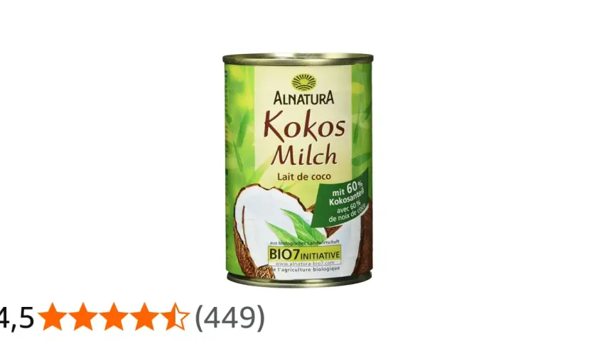 Alnatura Kokosmilch: Ja, ist kokosmilch vegan. Die Dose zeigt eine Kokosnuss und Blätter.